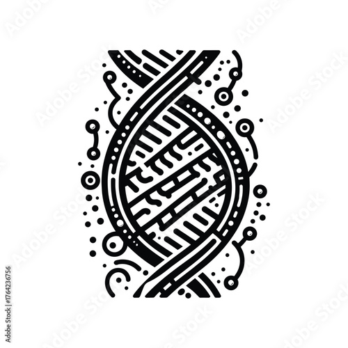 A black and white graphic illustration of a DNA double helix integrated with digital circuit elements.