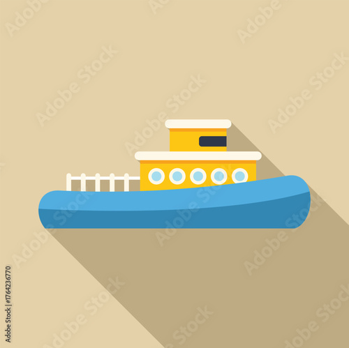 Cartoon inflatable boat with yellow cabin floating on water, featuring portholes and a railing on the deck