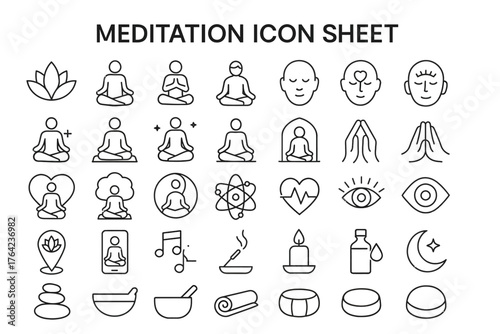 Meditation Icon Sheet: Explore a comprehensive collection of line art icons related to meditation.