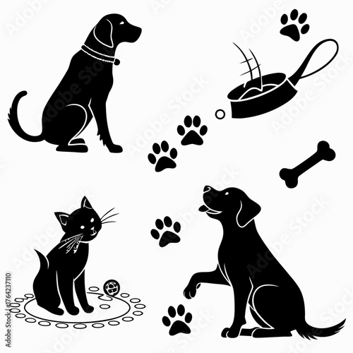 Pet icons set with dog and cat silhouette