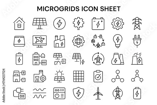 Microgrid Icon Sheet: A comprehensive set of line art icons representing microgrids, solar panels, and sustainable energy concepts, perfect for illustrating innovative technologies.