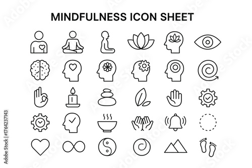 Mindfulness Icon Sheet: A collection of meticulously crafted icons represents key concepts associated with mindfulness, offering a visual guide to mental wellness and self-awareness.