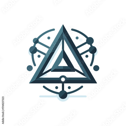 Abstract geometric logo of a central triangle with surrounding orbital network connections.