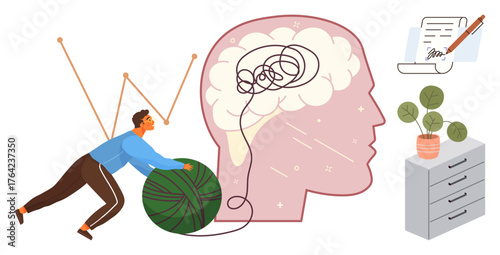 Man rolling yarn unraveling tangled lines in brain illustration, paper with pencil, plant on drawer. Ideal for psychology, mental health, stress management, productivity, emotional intelligence