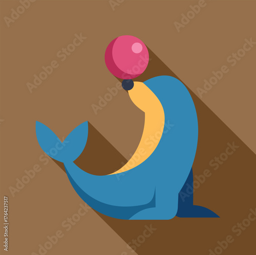 Cartoon circus seal balancing pink ball on its nose