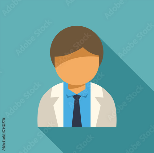 Stylized male doctor avatar wearing lab coat and tie, flat design with long shadow, ideal for medical and healthcare applications