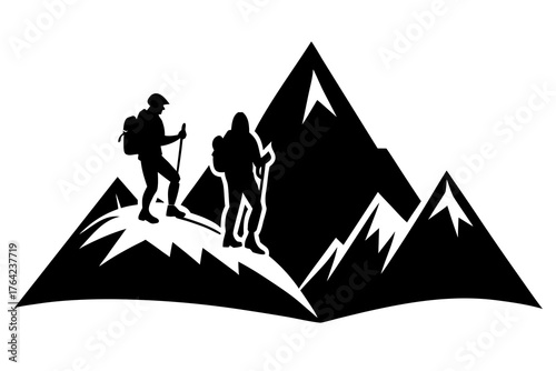 Silhouette of a hiker on mountain top, adventure vector illustration isolated on white background