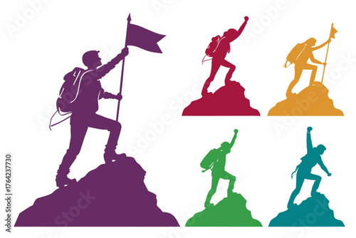 Silhouette of a hiker on mountain top set, adventure vector illustration isolated on white background