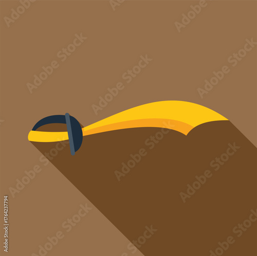 Arabian scimitar with gold blade and black hilt lying on brown background
