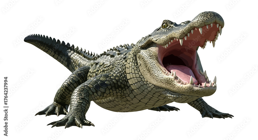 Naklejka premium Fierce alligator with mouth wide open, showing sharp teeth and pink tongue, isolated on white background.