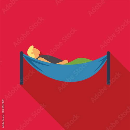 Blond man resting in blue hammock, enjoying leisure time outdoors or at home