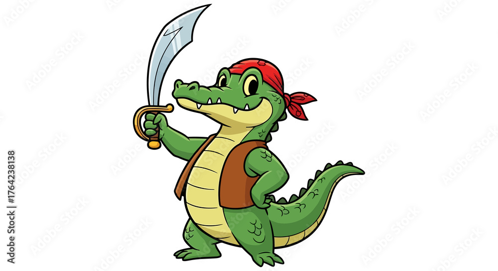 Fototapeta premium Cartoon alligator pirate holding a sword and wearing a bandana