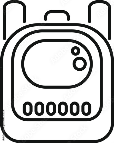 Line drawing of a portable radio transceiver, featuring an antenna, display, and buttons, ideal for communication and broadcasting