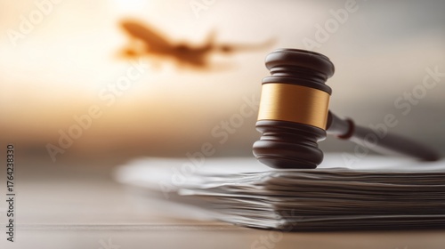 A wooden gavel sits confidently atop a stack of legal papers, while an airplane silhouette soars past a warm sunset backdrop, representing the intersection of law and aviation