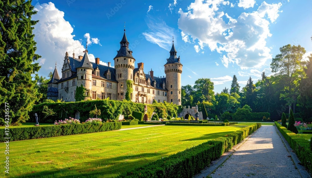 Obraz premium Historic Castle Exterior With Lush Green Gardens And Majestic Architecture Under A Bright Blue Sky With Fluffy Clouds And Sunlight