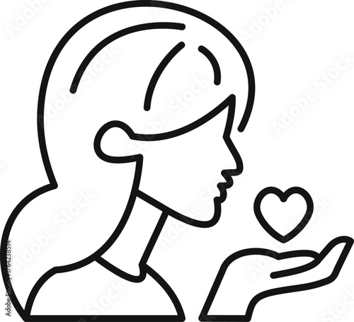 Line drawing of a woman holding a heart in her open hand, symbolizing love, compassion, and kindness