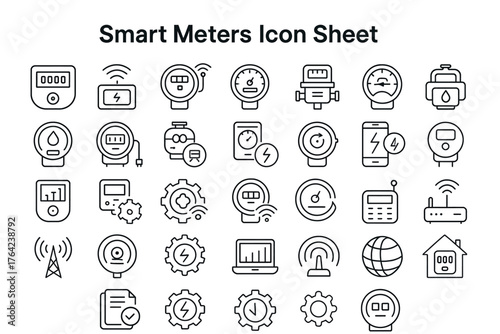 Smart Meters Icon Sheet: A comprehensive icon sheet showcasing various representations of smart meters, symbolizing efficiency, connectivity.