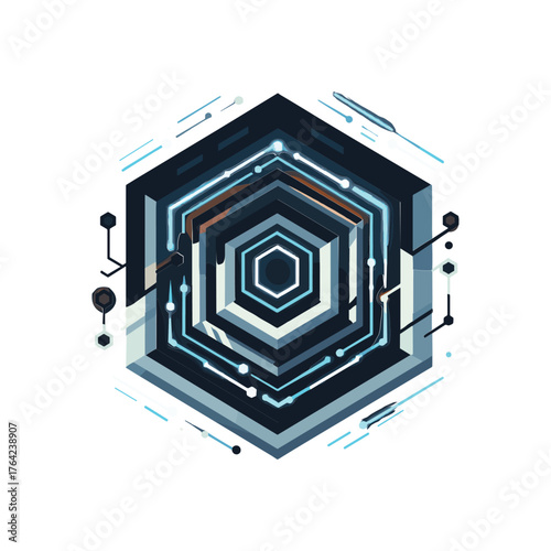 Intricate geometric illustration showcasing a layered hexagonal structure with interconnected circuits and glowing lines.