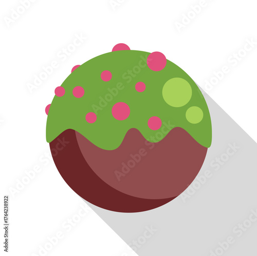 Delicious round chocolate candy with green icing and colorful sprinkles, creating a sweet and tempting treat