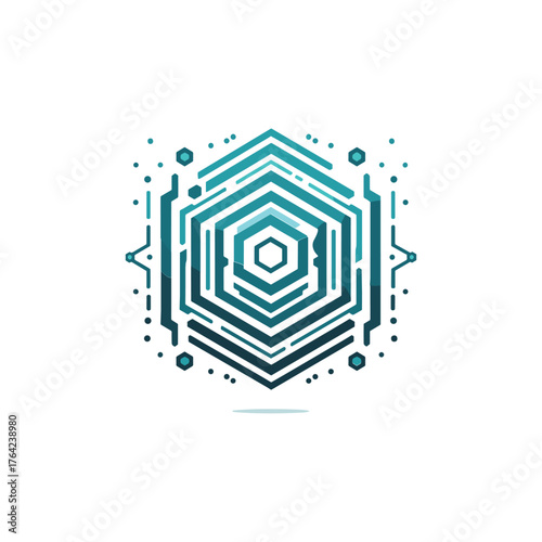 Abstract geometric hexagonal design with concentric teal patterns and digital circuit elements on a white background, representing technology and data.
