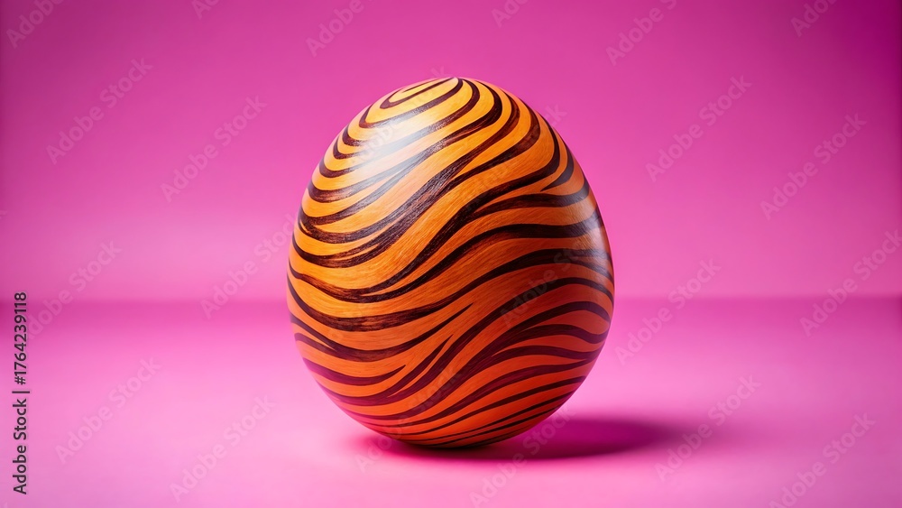 Fototapeta premium A beautifully patterned orange and black striped egg on a pink background
