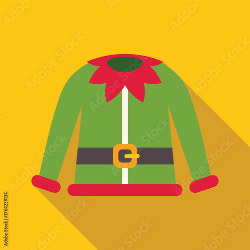 Green elf costume with red petal collar and belt, perfect for christmas celebrations