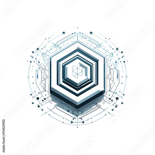 Abstract geometric hexagon structure with intricate network of lines and dots, representing technology and data.