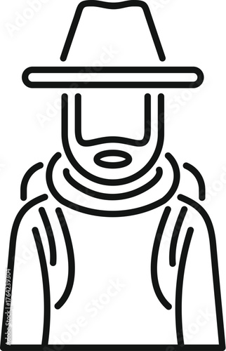 Line drawing of a bearded explorer wearing a hat and backpack, enjoying a hiking adventure in nature