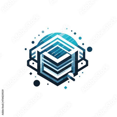 Abstract geometric logo design featuring a layered cube with a blue and white color scheme.