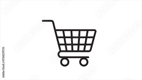 Simple black and white line art illustration of a shopping cart for e commerce and retail design projects