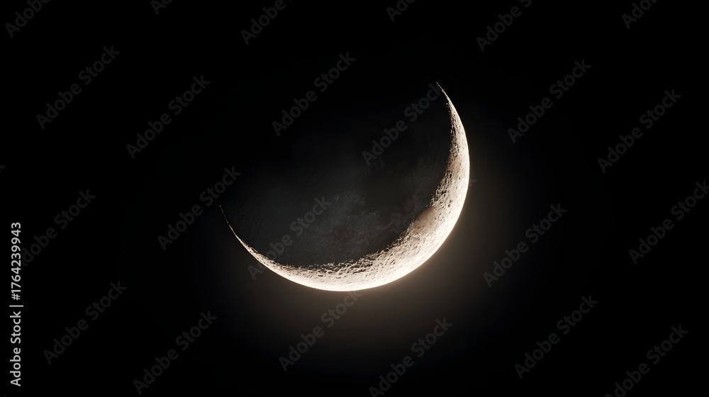 Fototapeta premium Illuminated sliver of a waxing crescent celestial body shining against deep black space