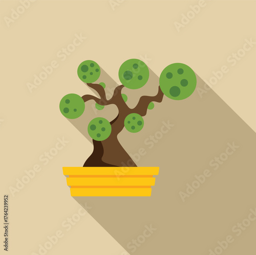Small bonsai tree with round green leaves growing in a yellow pot, flat design with long shadow