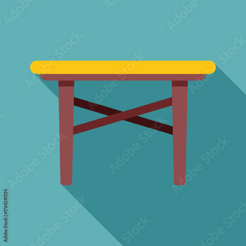 Simple and sturdy wooden table featuring crossed legs and a vibrant yellow top, set against a turquoise backdrop