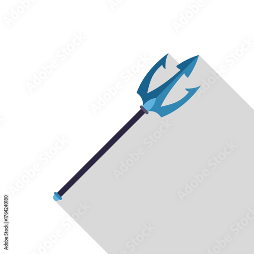 Blue trident with long shadow, evoking mythology, fantasy, and power, isolated on white
