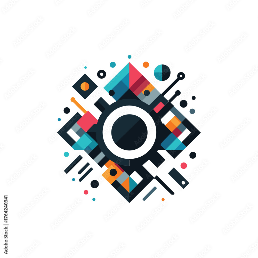 Fototapeta premium Abstract geometric design with a central circle and colorful shapes.