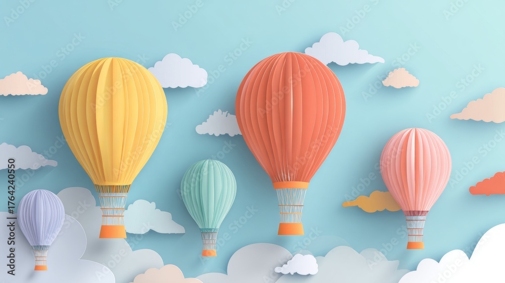 Obraz premium 3D paper-cut style, cute and colorful hot air balloons 