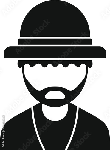 Simple black and white icon of a bearded man wearing a safari pith helmet, representing an explorer or hunter
