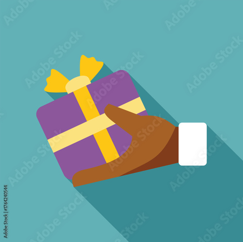 Hand is holding a purple gift box with a yellow ribbon, offering a present