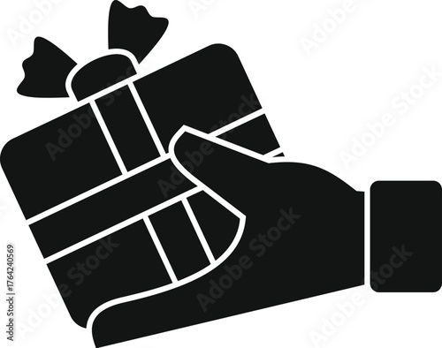Giving a gift, hand holding a gift box with ribbon and bow, simple black and white icon