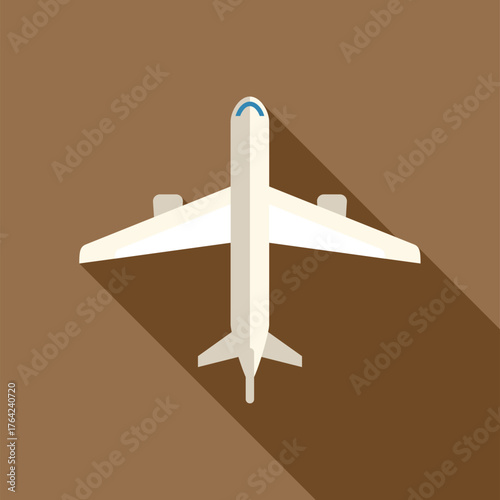 Minimalist vector illustration of a white passenger airplane flying on a brown background, featuring a long shadow