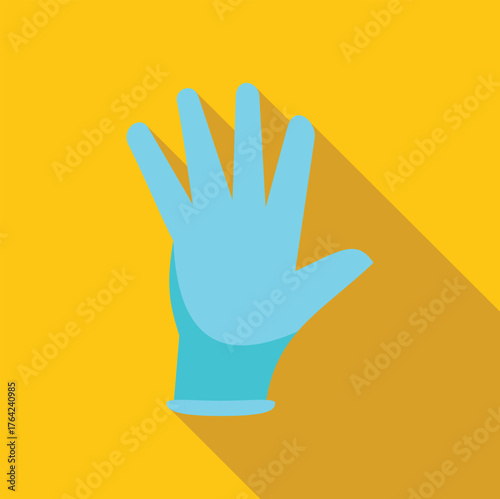 Light blue medical glove showing five open fingers on a yellow background with long shadow