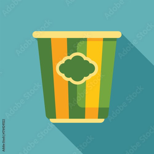 Green, yellow and orange striped popcorn bucket with cloud label on turquoise background, simple flat design with long shadow