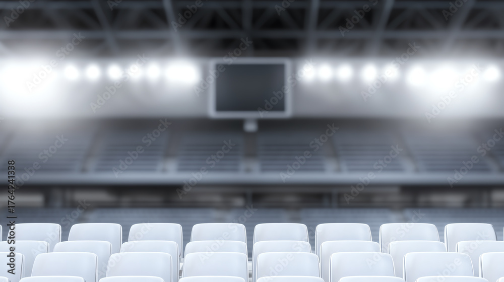 Fototapeta premium An empty sports arena with rows of white seats illuminated by bright lights, ready for an upcoming event or game.