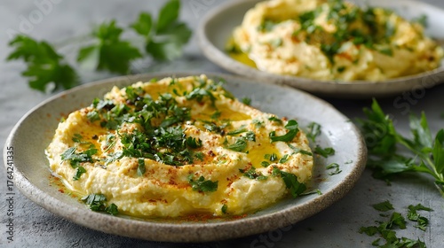 Wallpaper Mural Creamy chickpea dip garnished with fresh herbs and olive oil is presented in rustic bowls Torontodigital.ca