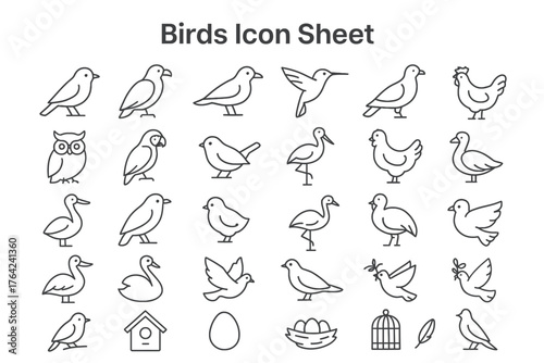 Feathery Friends Icon Set: A comprehensive collection of stylized line-art bird icons, including various avian species and related elements like nests and birdhouses.