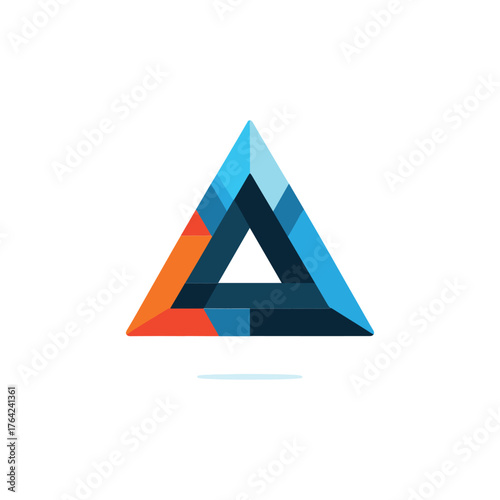 Abstract geometric triangle logo with vibrant blue, orange, and dark blue facets creating a sense of depth and dimension.