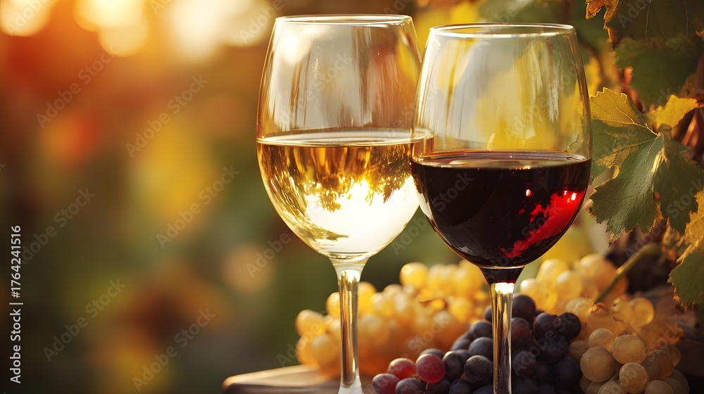 Fototapeta premium Two stemmed glasses filled with white and red beverages sit ready for tasting outdoors near ripe grapes