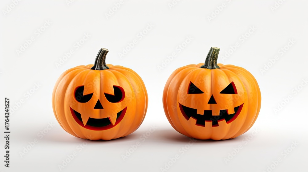 Obraz premium Carved orange pumpkins feature smooth texture on a clean white background. Ideal for Halloween promotions, digital posters, or seasonal web design.