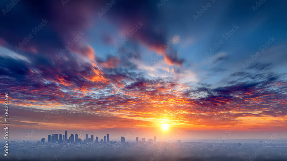 Fototapeta premium Breathtaking sunset over the city skyline, with vibrant colors illuminating the clouds and a peaceful atmosphere.
