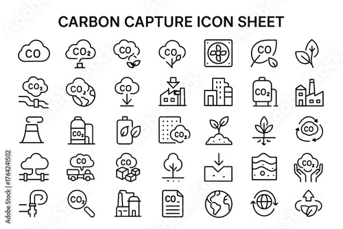 Carbon Capture Icon Sheet: A comprehensive icon sheet visualizing the essential elements of carbon capture technology, each carefully designed to represent different facets of the process. 